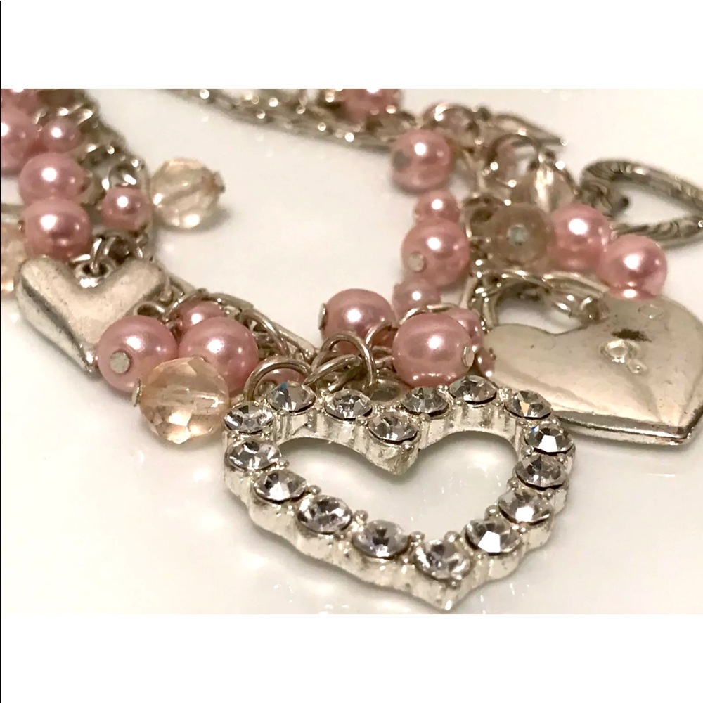 Rhinestone HEART Multi Pendant Bib Necklace